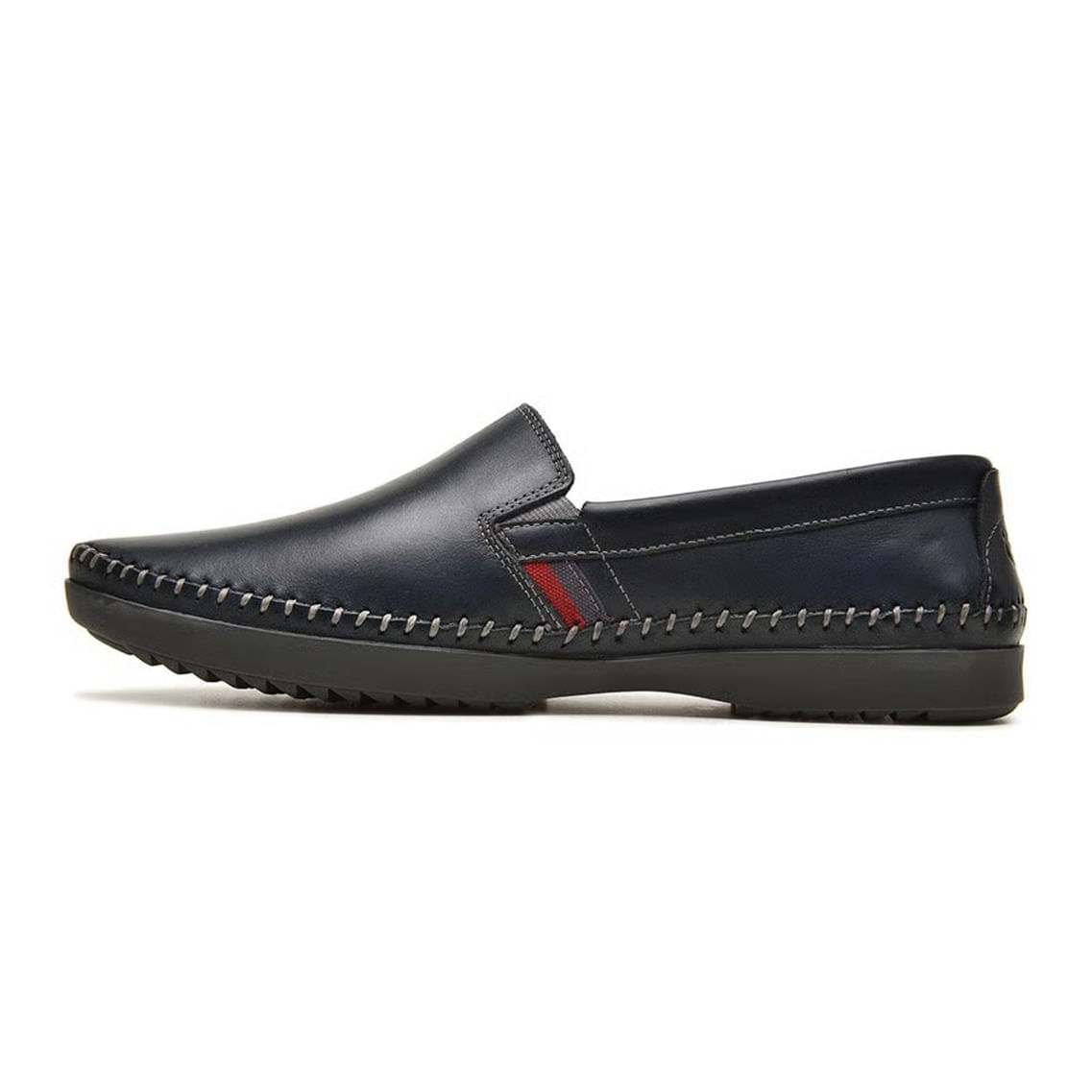 Par de mocassins masculinos Free Way couro Marinho com detalhes vermelhos e costuras decorativas